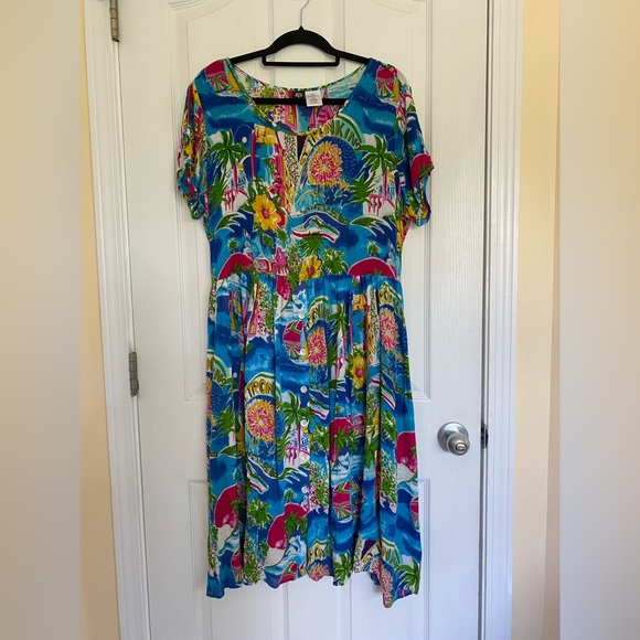 BILA Colorful Floral Tropical Print Midi Dress Blue Size XL Hawaiian Resort - Picture 4 of 17